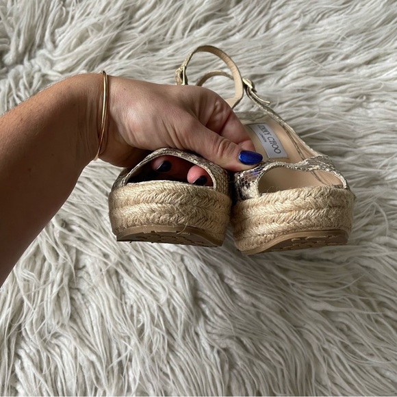 JIMMY CHOO Calfskin Snake Print Embossed Polar Beige Espadrille Sandal Wedges 37 - Picture 6 of 11